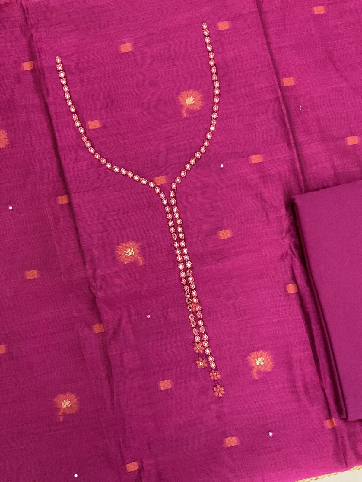 Soft Slub Chanderi Jamdani Weaved Embroidered Suit - Pink