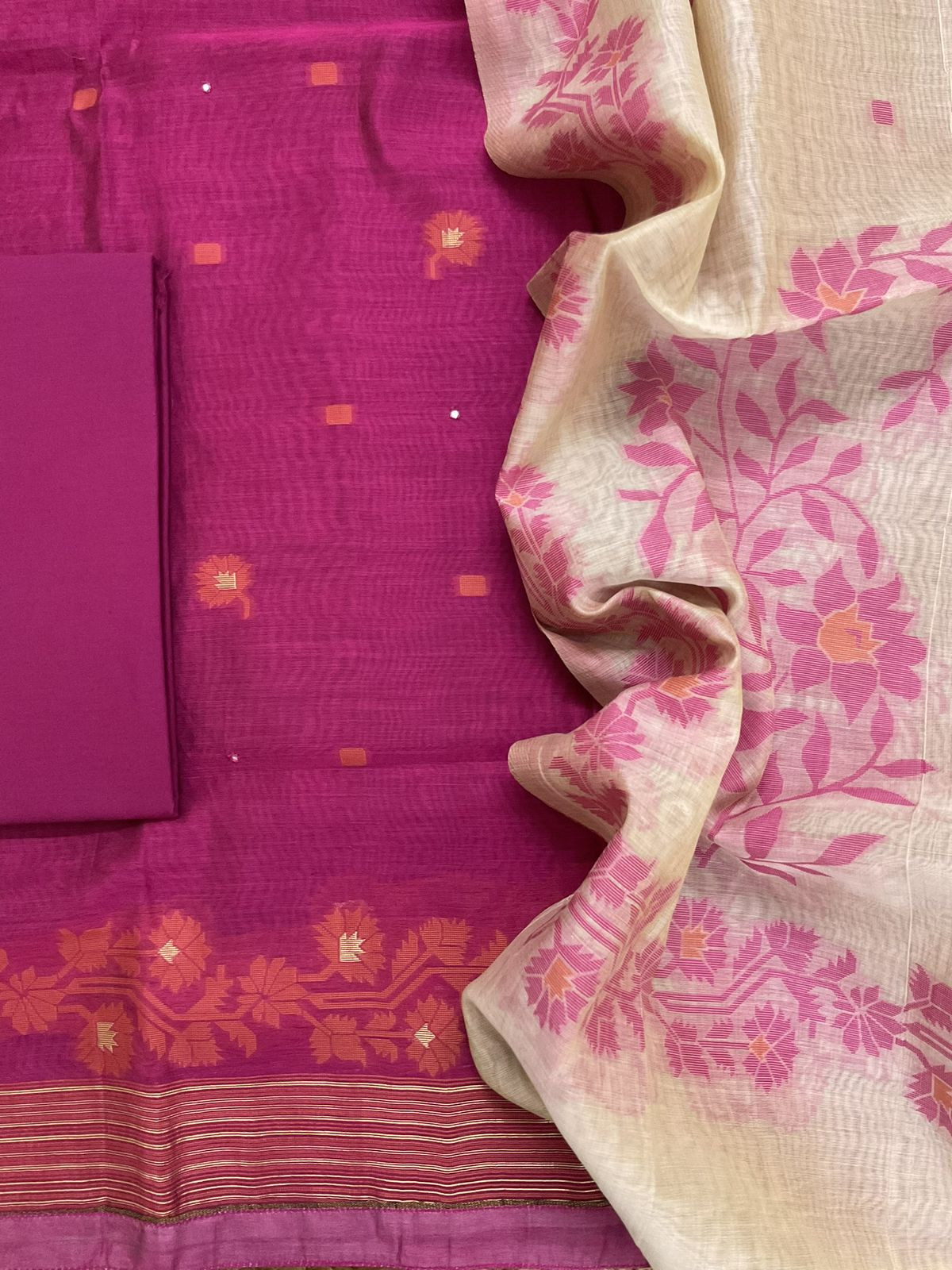 Soft Slub Chanderi Jamdani Weaved Embroidered Suit - Pink