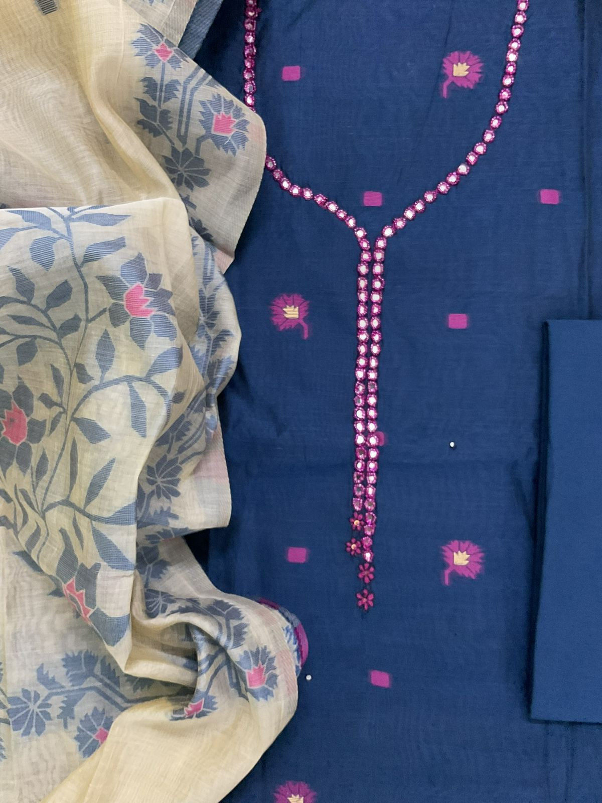 Soft Slub Chanderi Jamdani Weaved Embroidered Suit - Blue