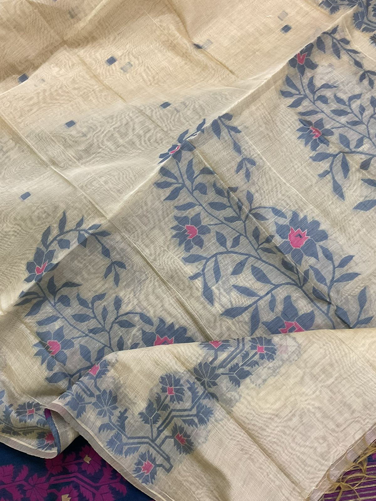 Soft Slub Chanderi Jamdani Weaved Embroidered Suit - Blue