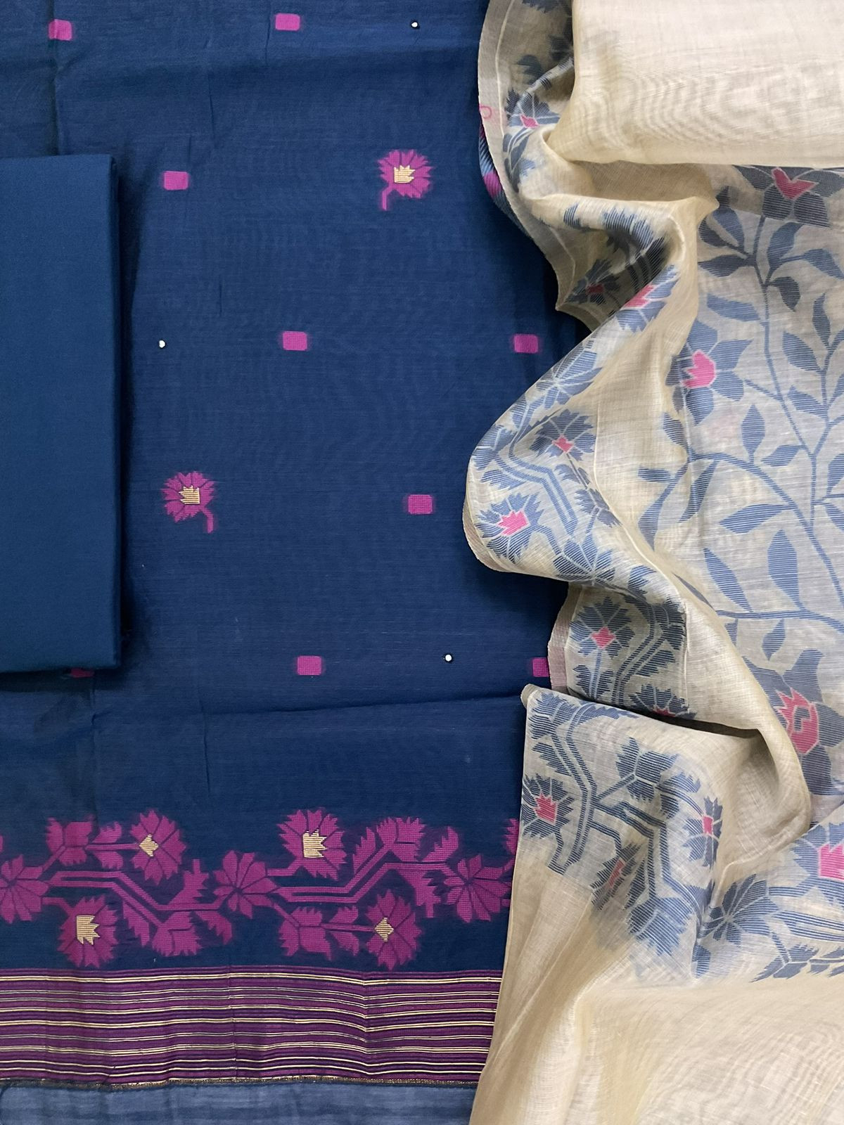 Soft Slub Chanderi Jamdani Weaved Embroidered Suit - Blue