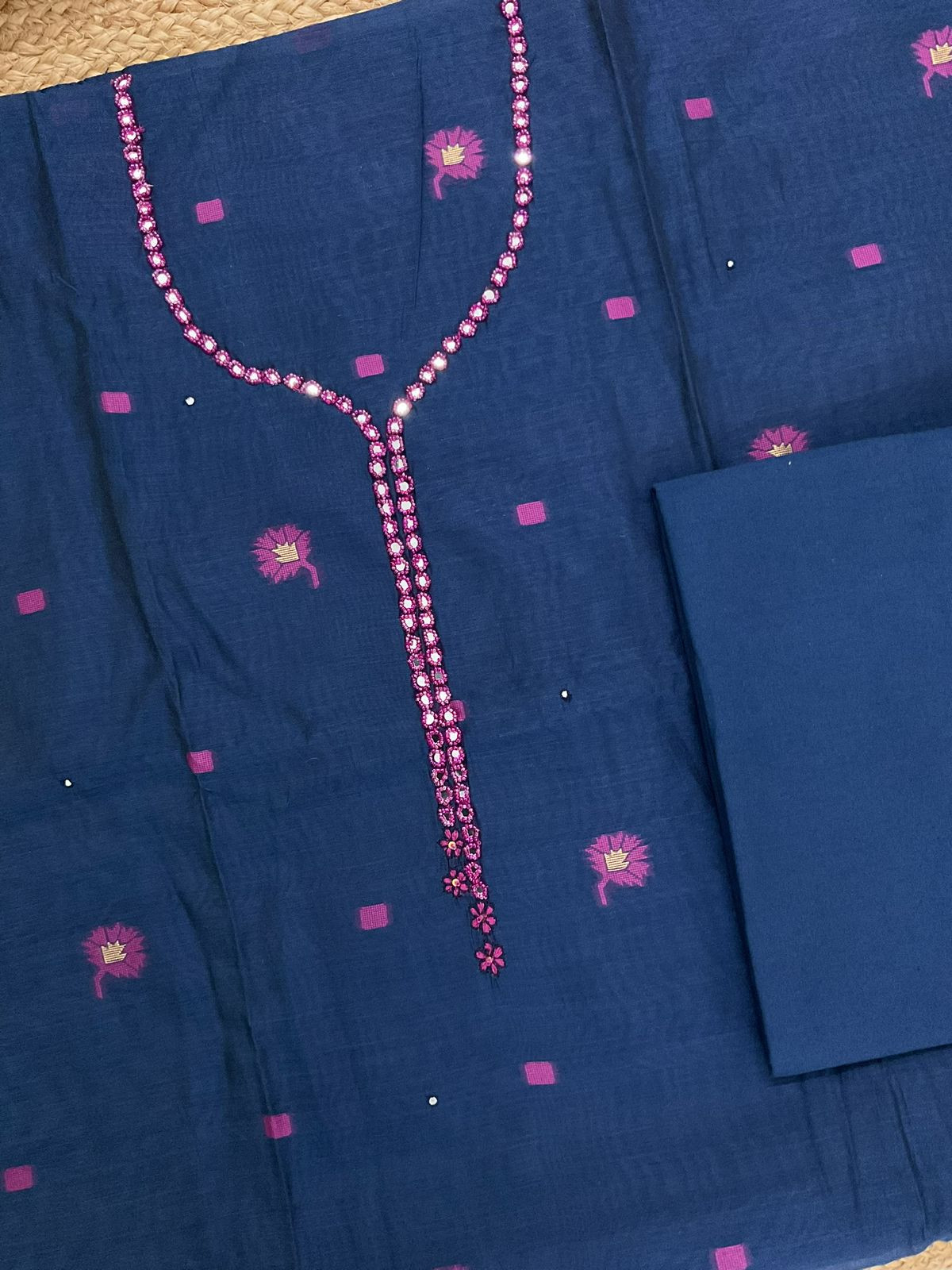 Soft Slub Chanderi Jamdani Weaved Embroidered Suit - Blue