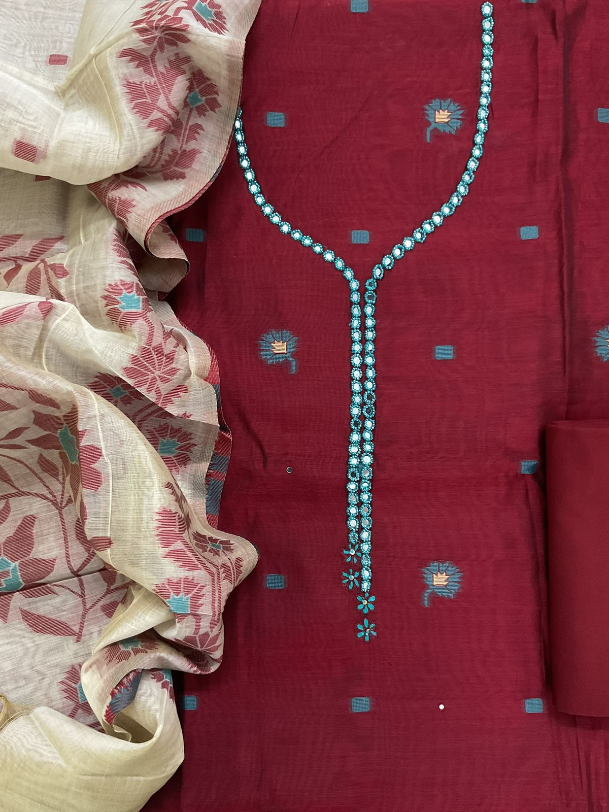 Soft Slub Chanderi Jamdani Weaved Embroidered Suit - Maroon