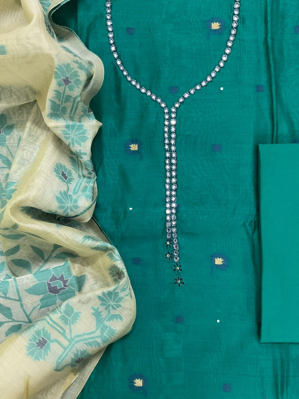 Soft Slub Chanderi Jamdani Weaved Embroidered Suit - Green