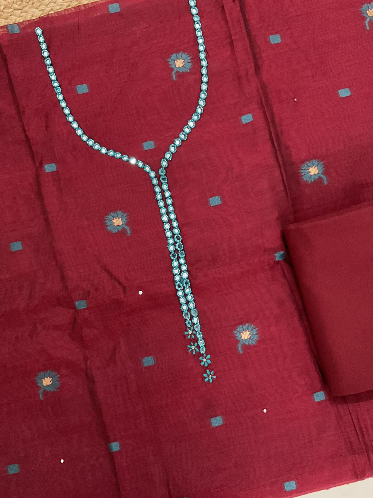 Soft Slub Chanderi Jamdani Weaved Embroidered Suit - Maroon