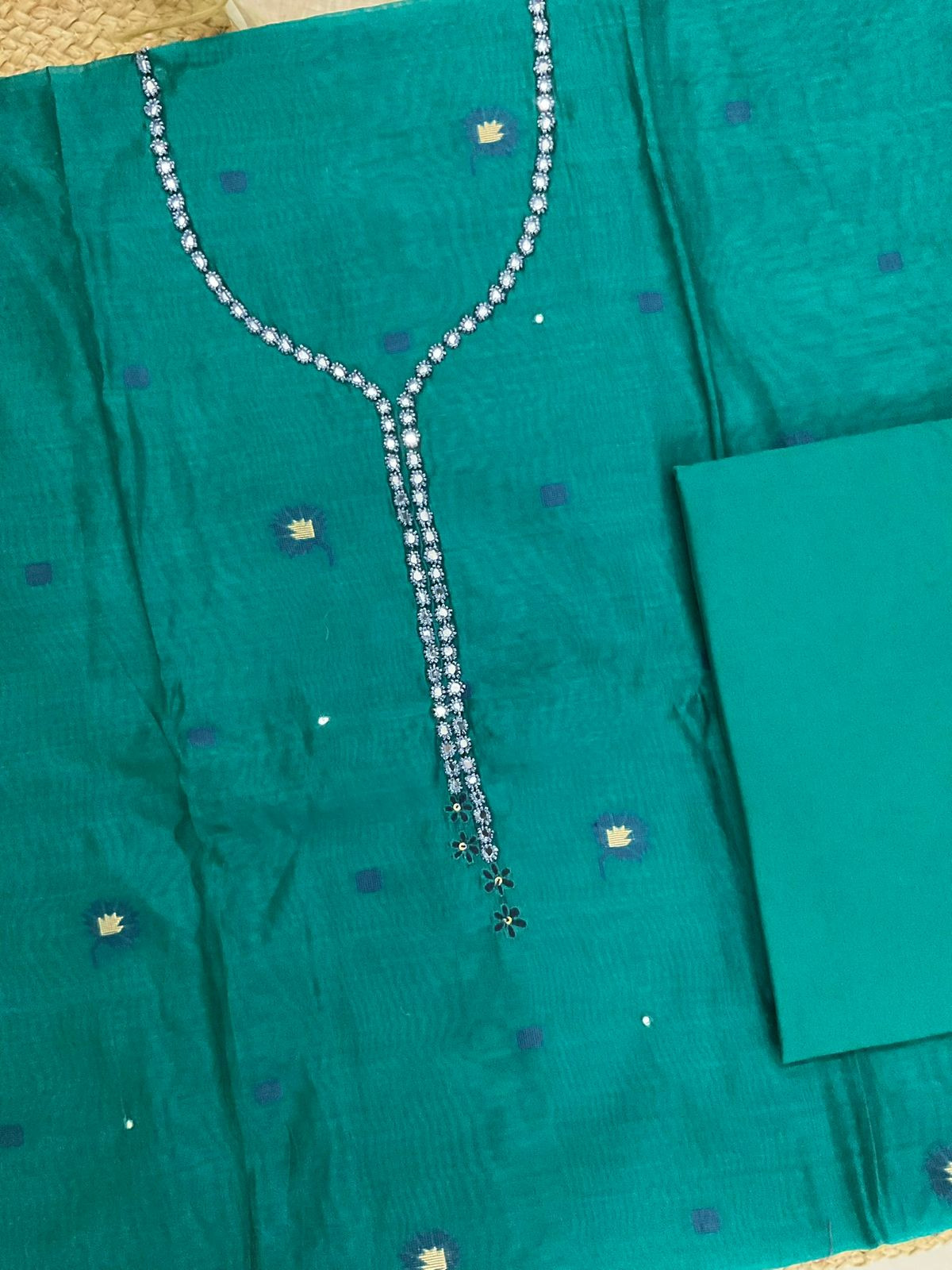 Soft Slub Chanderi Jamdani Weaved Embroidered Suit - Green