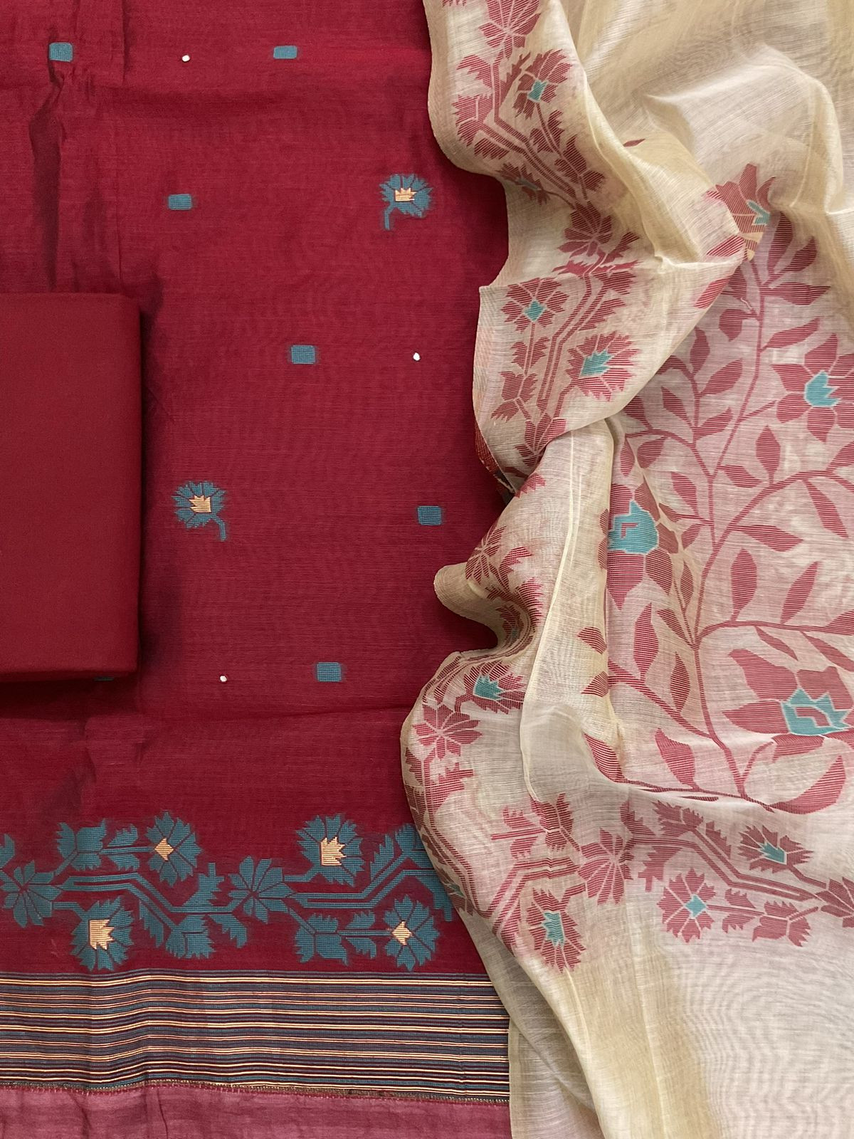 Soft Slub Chanderi Jamdani Weaved Embroidered Suit - Maroon