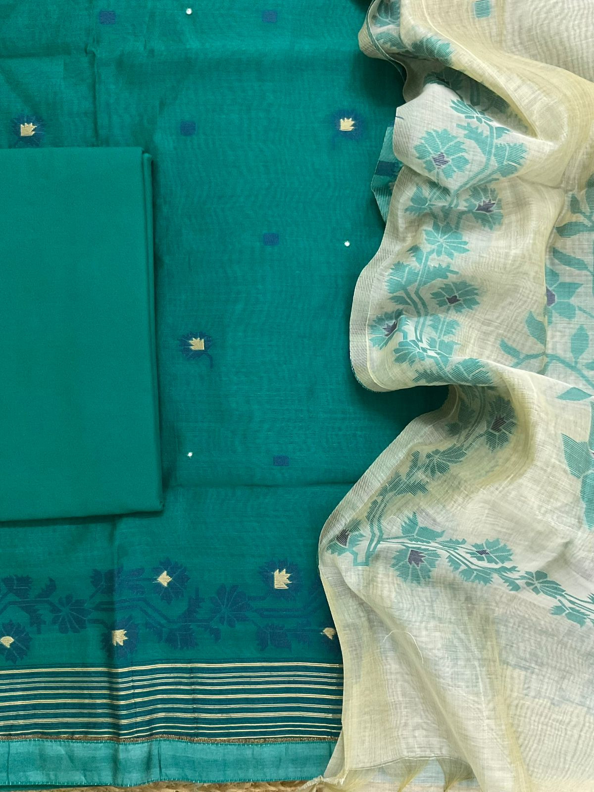 Soft Slub Chanderi Jamdani Weaved Embroidered Suit - Green