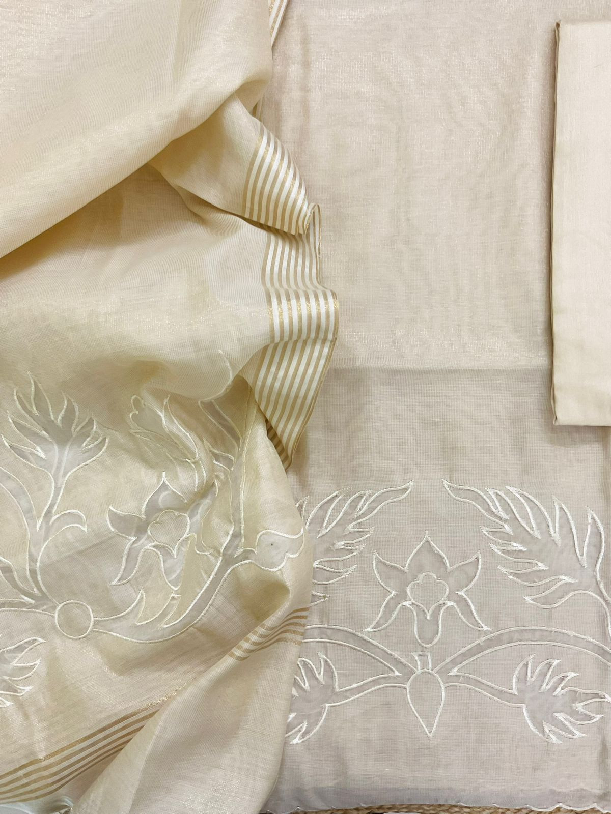 Soft Tissue Chanderi Embroidered Suit - Beige