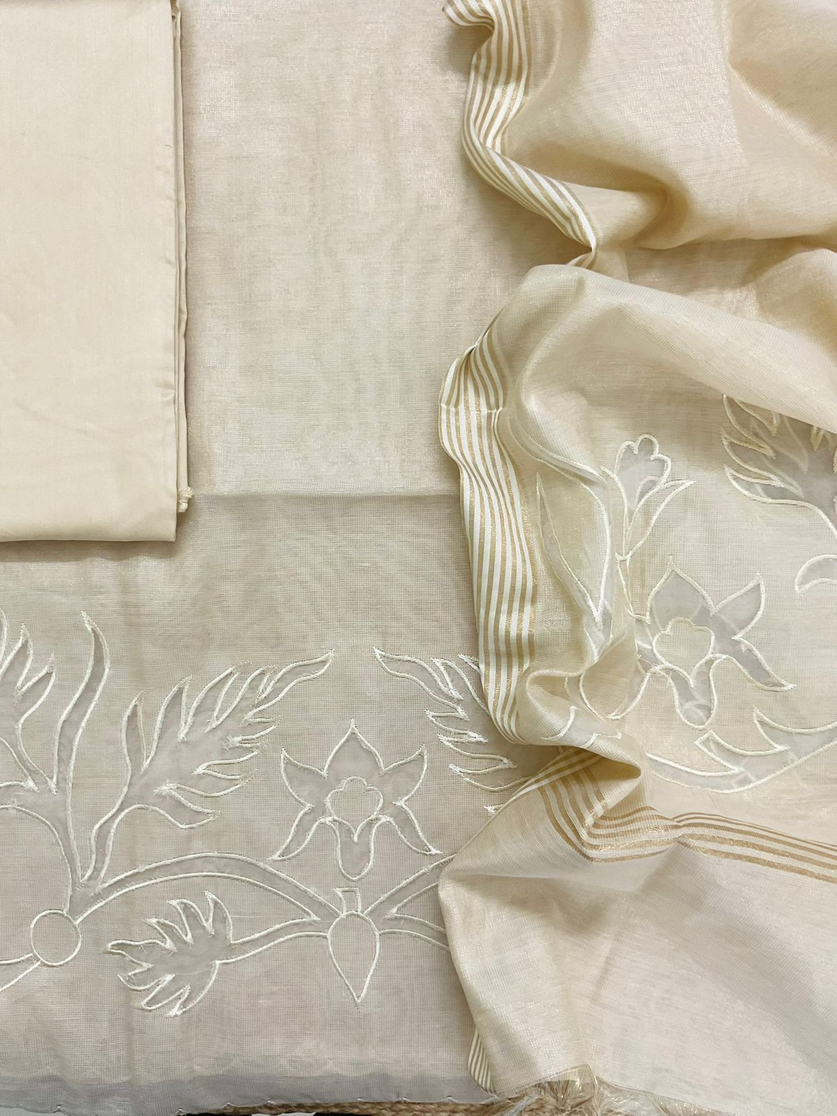 Soft Tissue Chanderi Embroidered Suit - Beige