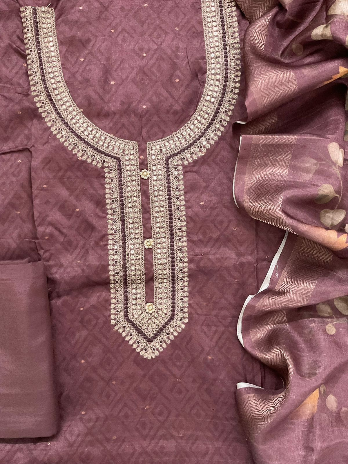 Soft Semi Tussar Silk Printed Banarasi Weaved Embroidered Suit - Pinkish Brown