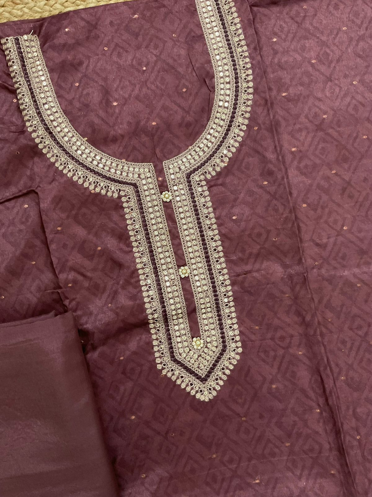 Soft Semi Tussar Silk Printed Banarasi Weaved Embroidered Suit - Pinkish Brown