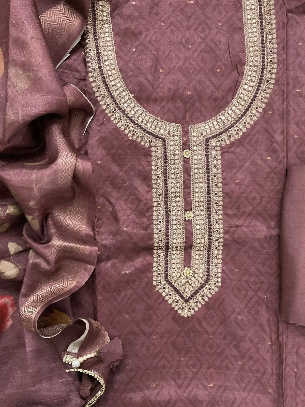 Soft Semi Tussar Silk Printed Banarasi Weaved Embroidered Suit - Pinkish Brown