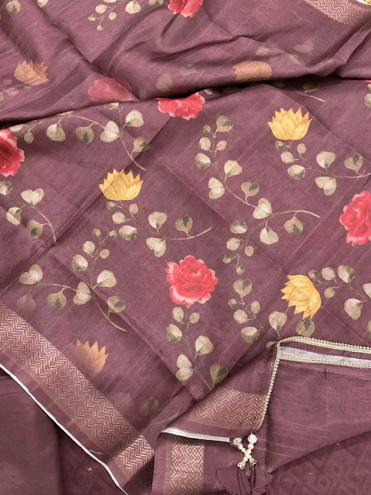 Soft Semi Tussar Silk Printed Banarasi Weaved Embroidered Suit - Pinkish Brown