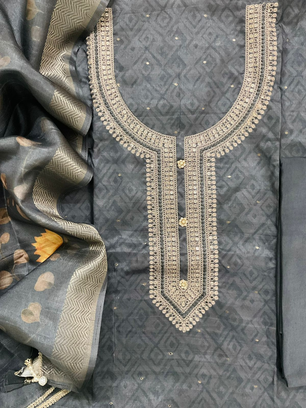 Soft Semi Tussar Silk Printed Banarasi Weaved Embroidered Suit - Grey
