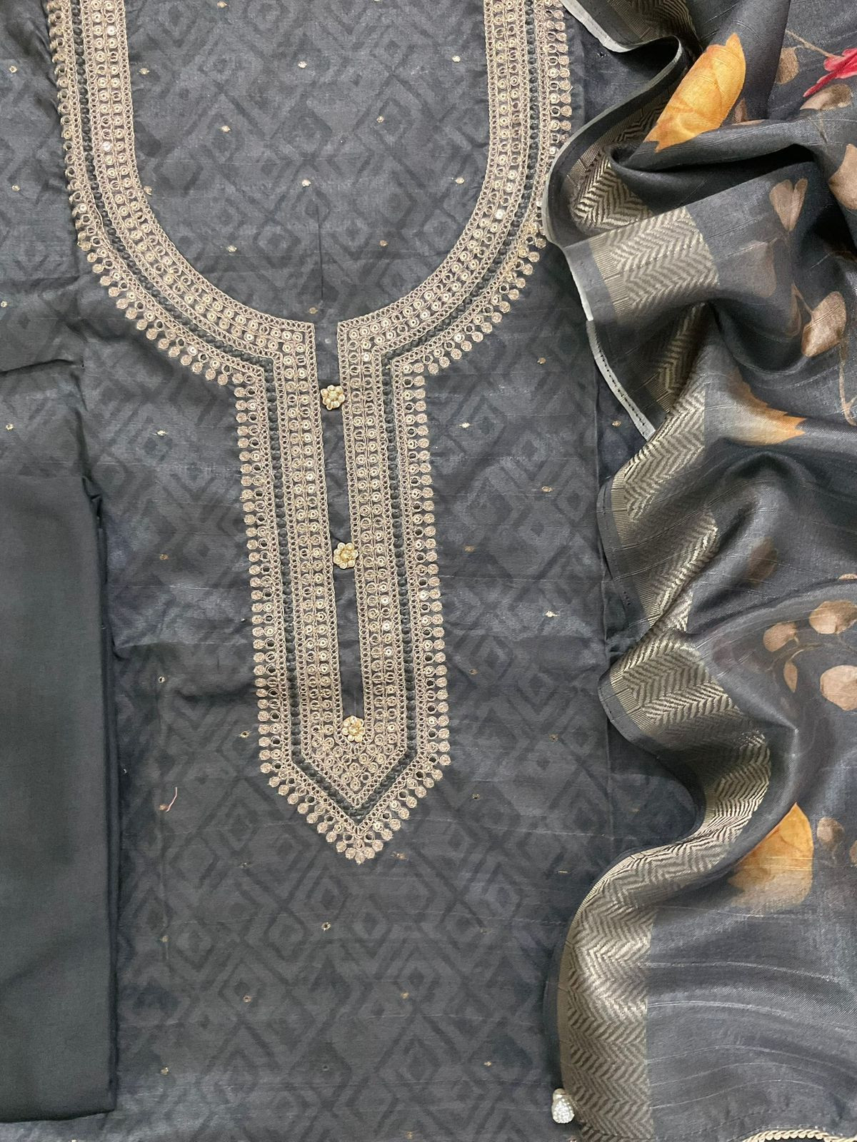 Soft Semi Tussar Silk Printed Banarasi Weaved Embroidered Suit - Grey