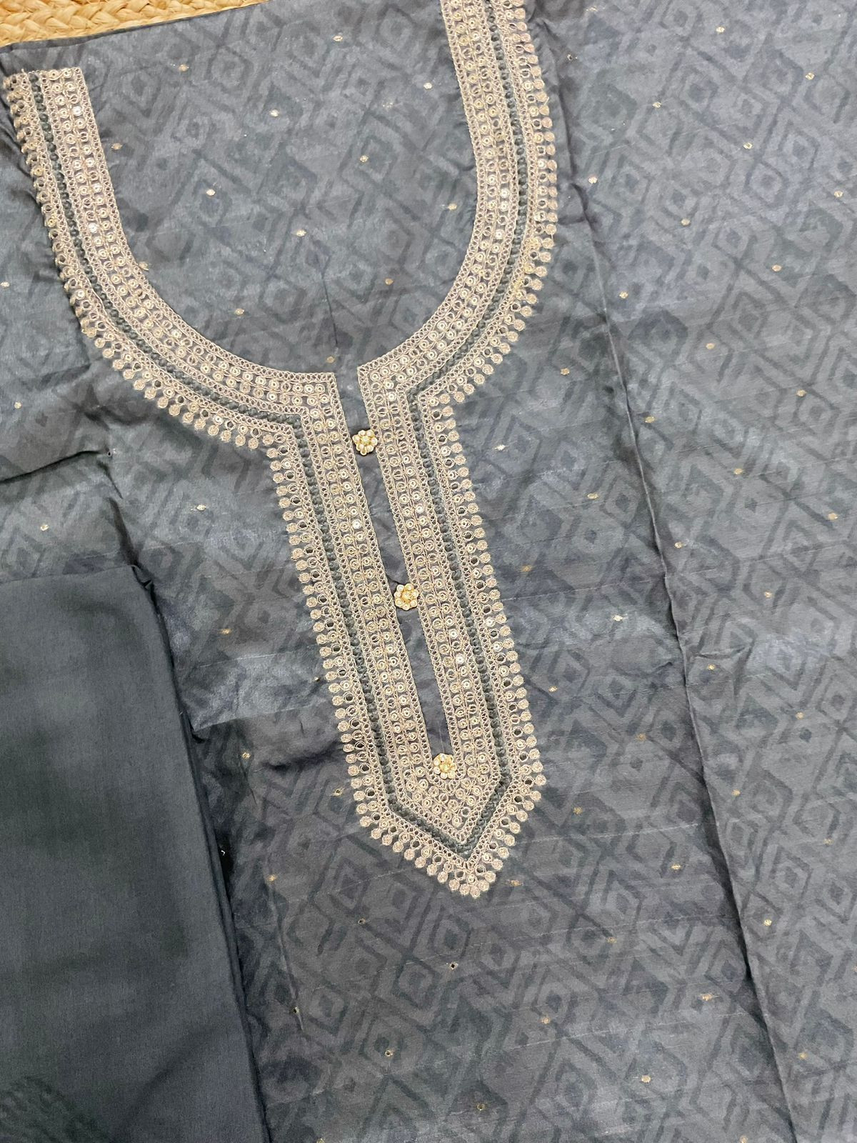 Soft Semi Tussar Silk Printed Banarasi Weaved Embroidered Suit - Grey