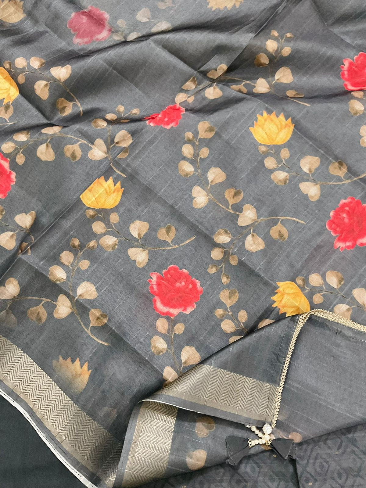 Soft Semi Tussar Silk Printed Banarasi Weaved Embroidered Suit - Grey