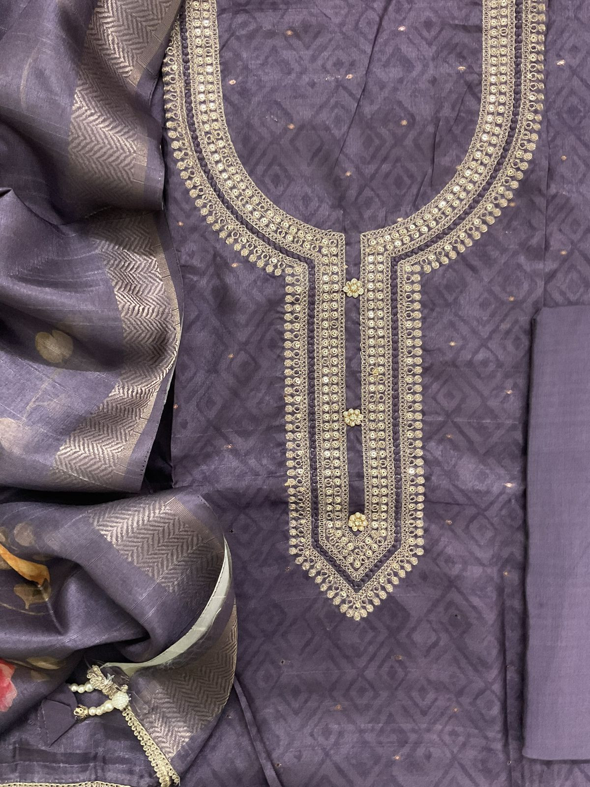Soft Semi Tussar Silk Printed Banarasi Weaved Embroidered Suit - Purple