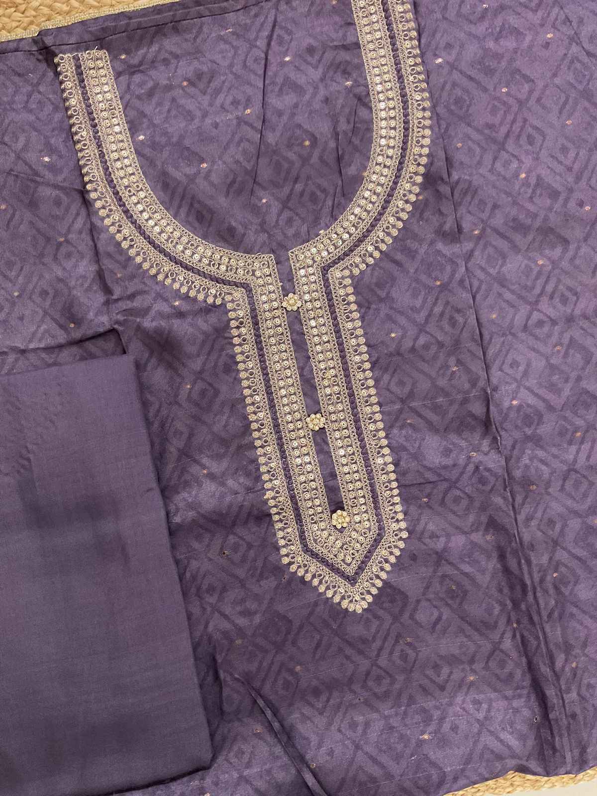 Soft Semi Tussar Silk Printed Banarasi Weaved Embroidered Suit - Purple