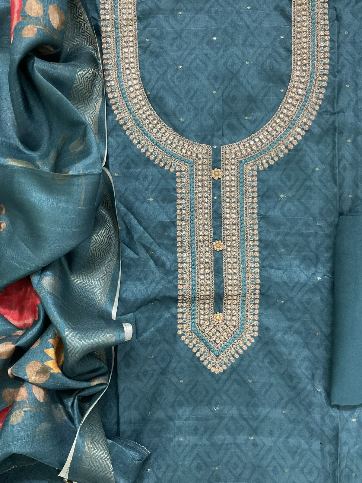 Soft Semi Tussar Silk Printed Banarasi Weaved Embroidered Suit - Blue