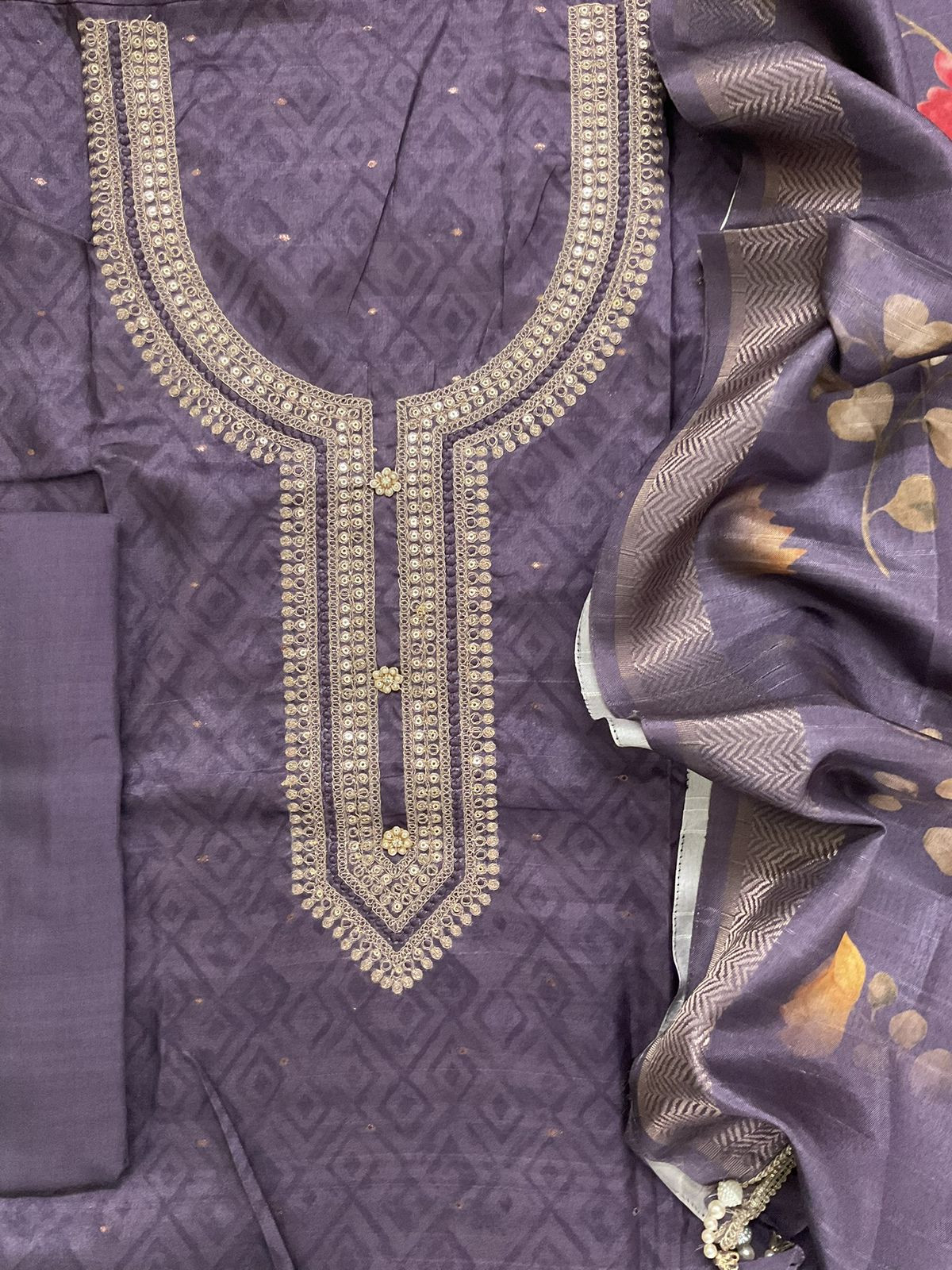 Soft Semi Tussar Silk Printed Banarasi Weaved Embroidered Suit - Purple