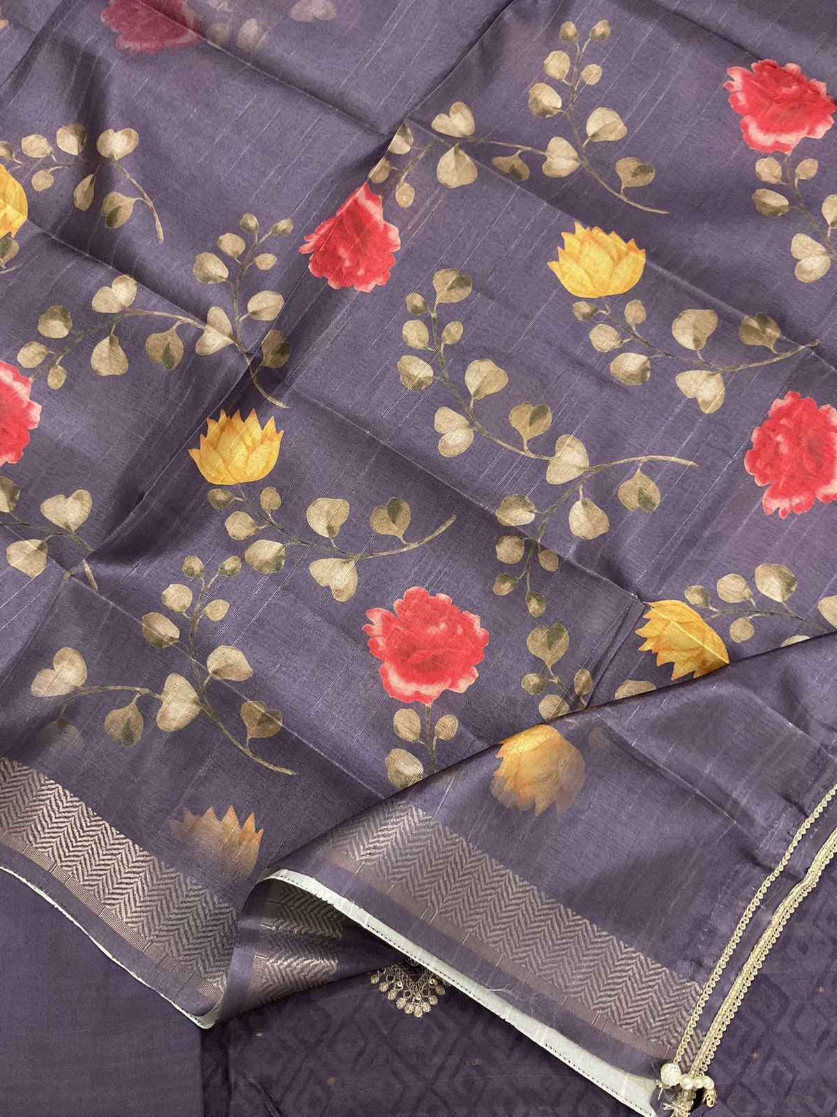 Soft Semi Tussar Silk Printed Banarasi Weaved Embroidered Suit - Purple