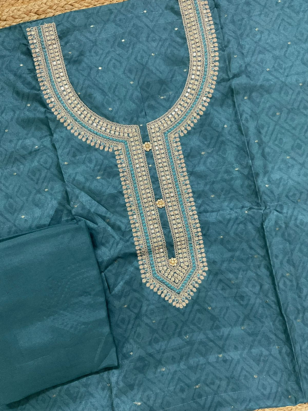 Soft Semi Tussar Silk Printed Banarasi Weaved Embroidered Suit - Blue