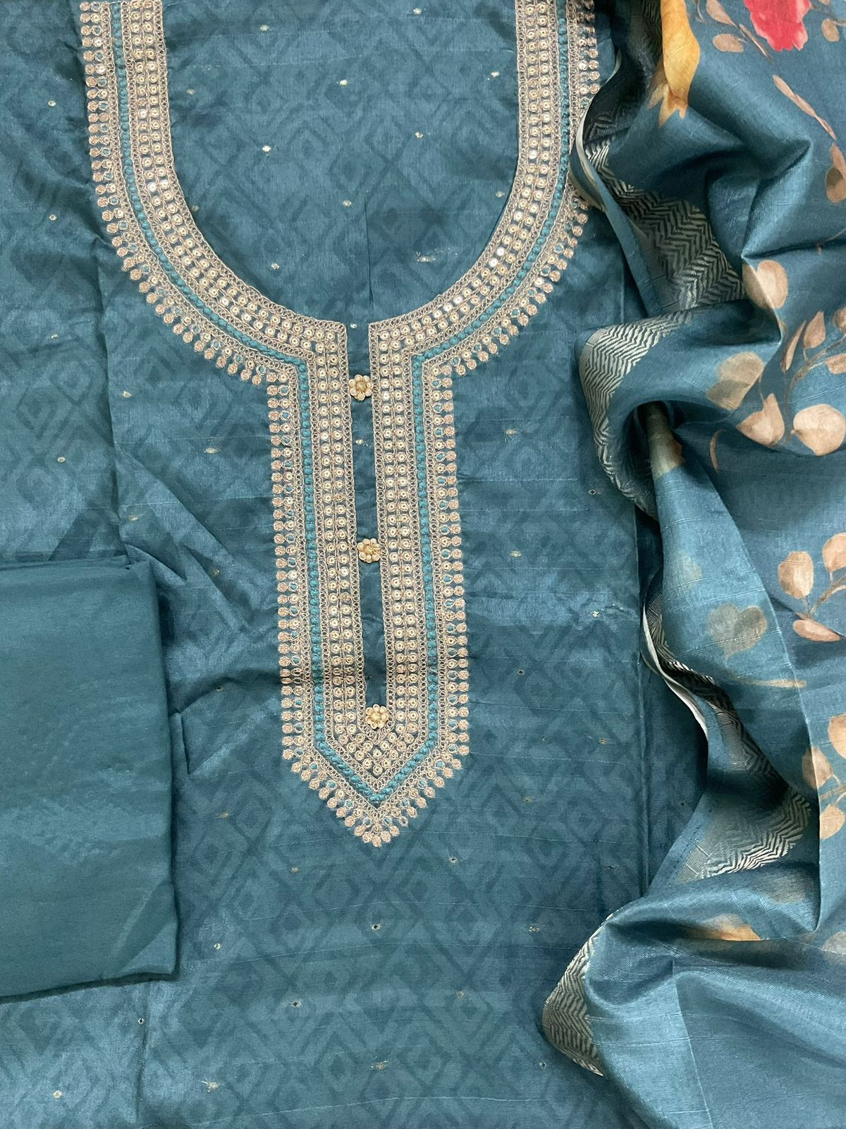 Soft Semi Tussar Silk Printed Banarasi Weaved Embroidered Suit - Blue