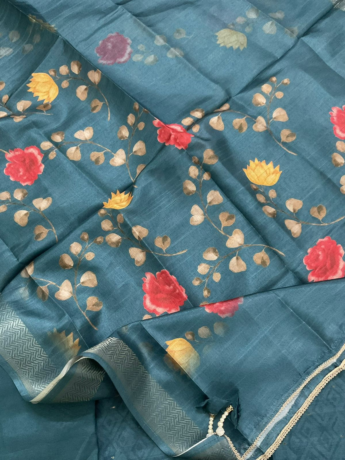 Soft Semi Tussar Silk Printed Banarasi Weaved Embroidered Suit - Blue