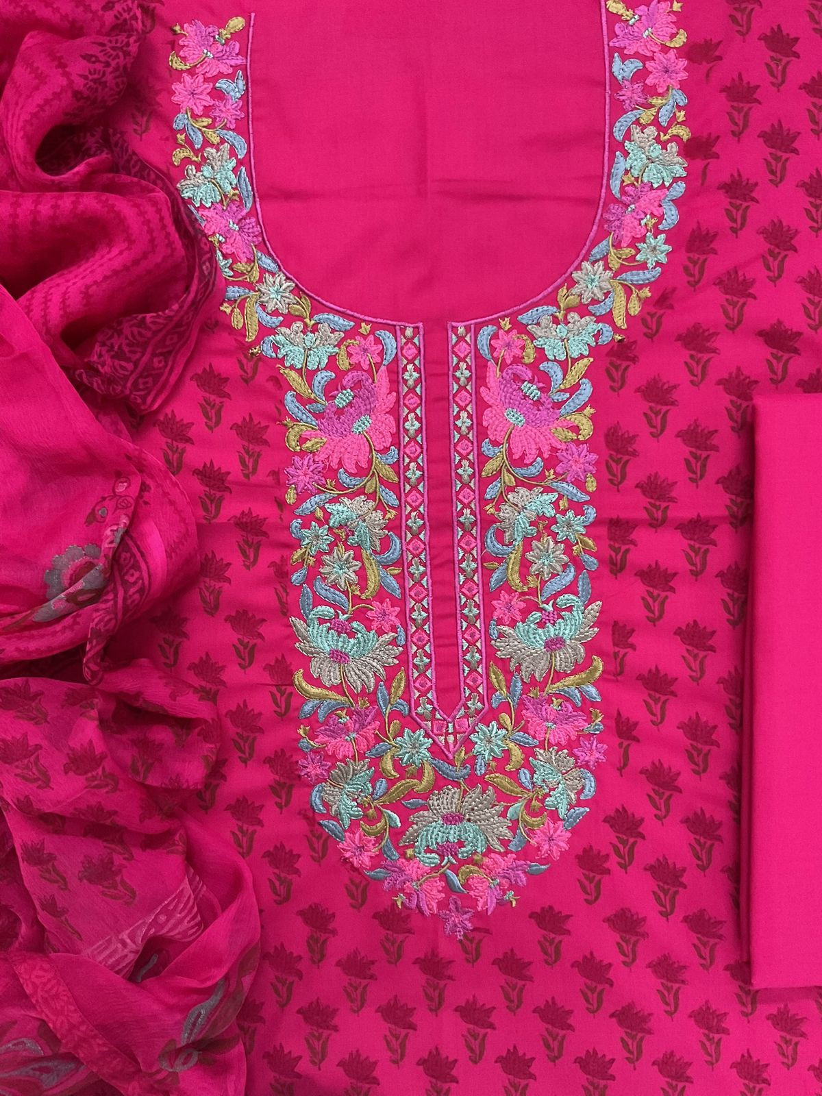 Soft Lizzie Bizzie Cotton Block Printed Embroidered Suit - Pink