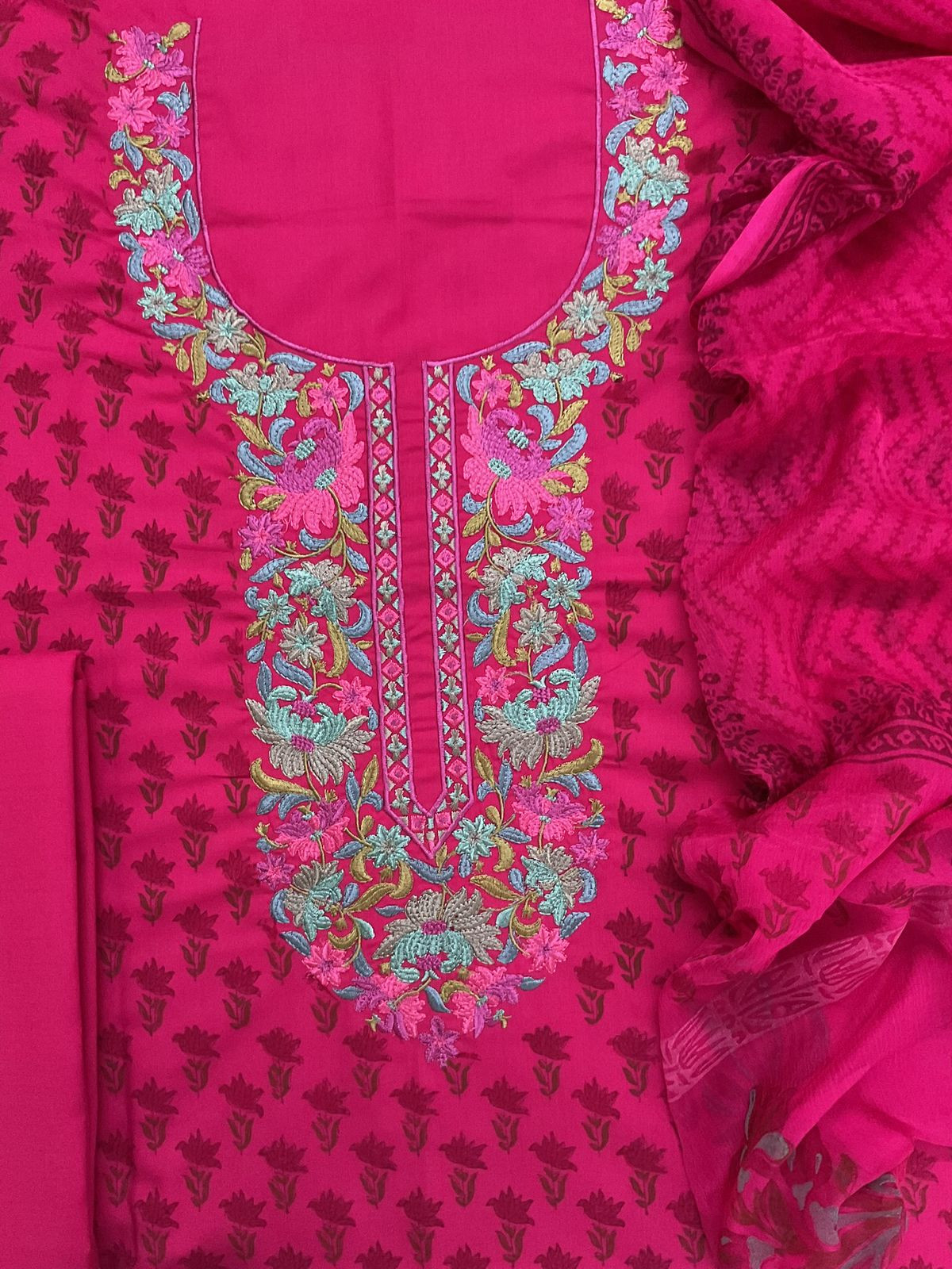 Soft Lizzie Bizzie Cotton Block Printed Embroidered Suit - Pink