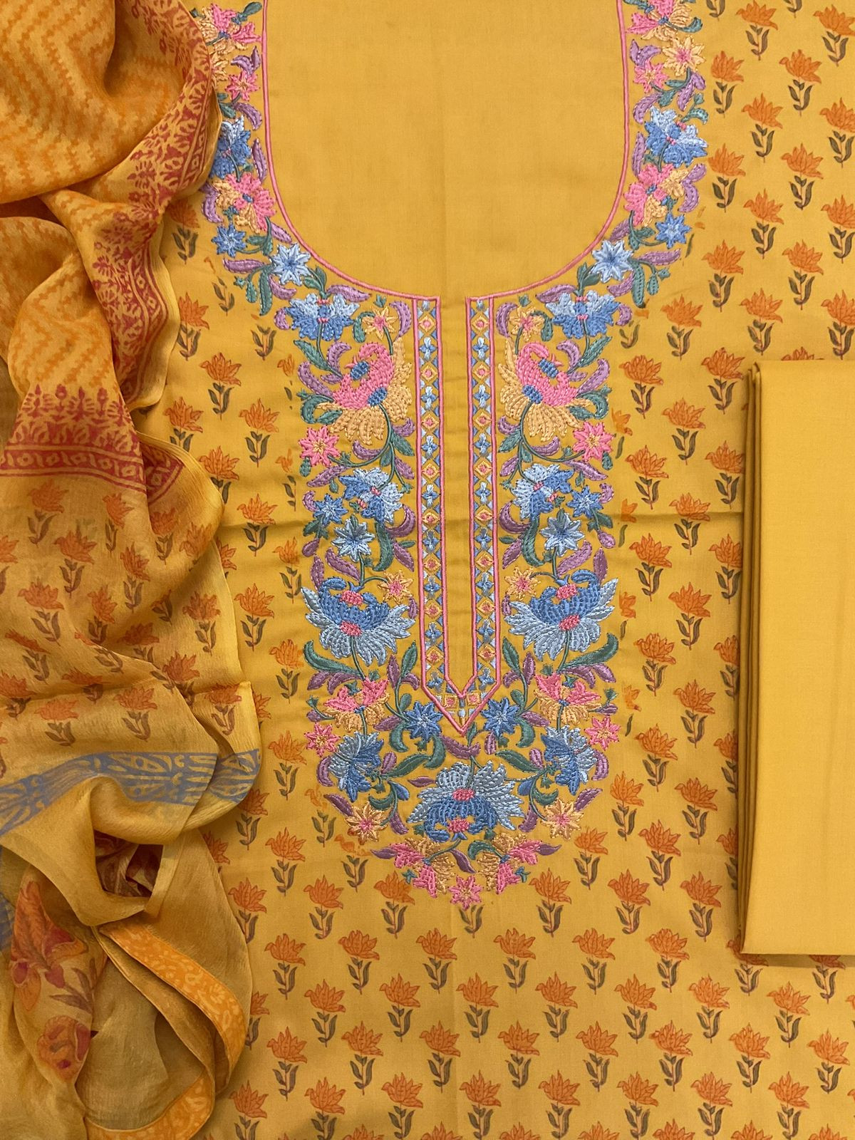 Soft Lizzie Bizzie Cotton Block Printed Embroidered Suit - Yellow
