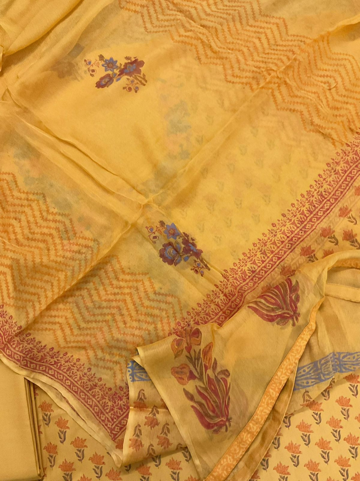Soft Lizzie Bizzie Cotton Block Printed Embroidered Suit - Yellow