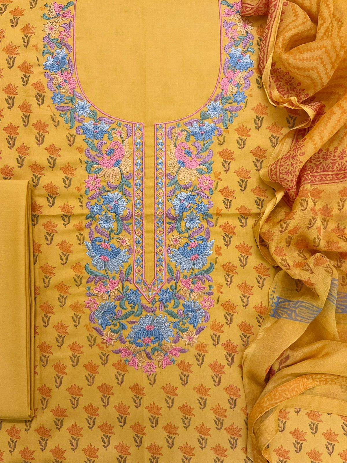 Soft Lizzie Bizzie Cotton Block Printed Embroidered Suit - Yellow