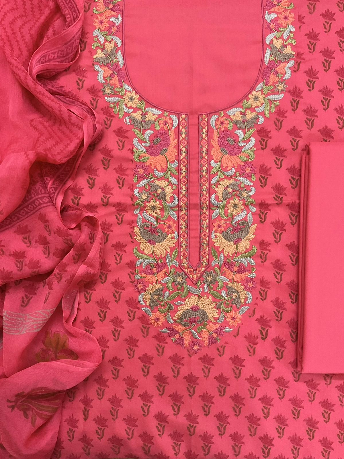 Soft Lizzie Bizzie Cotton Block Printed Embroidered Suit - Peach