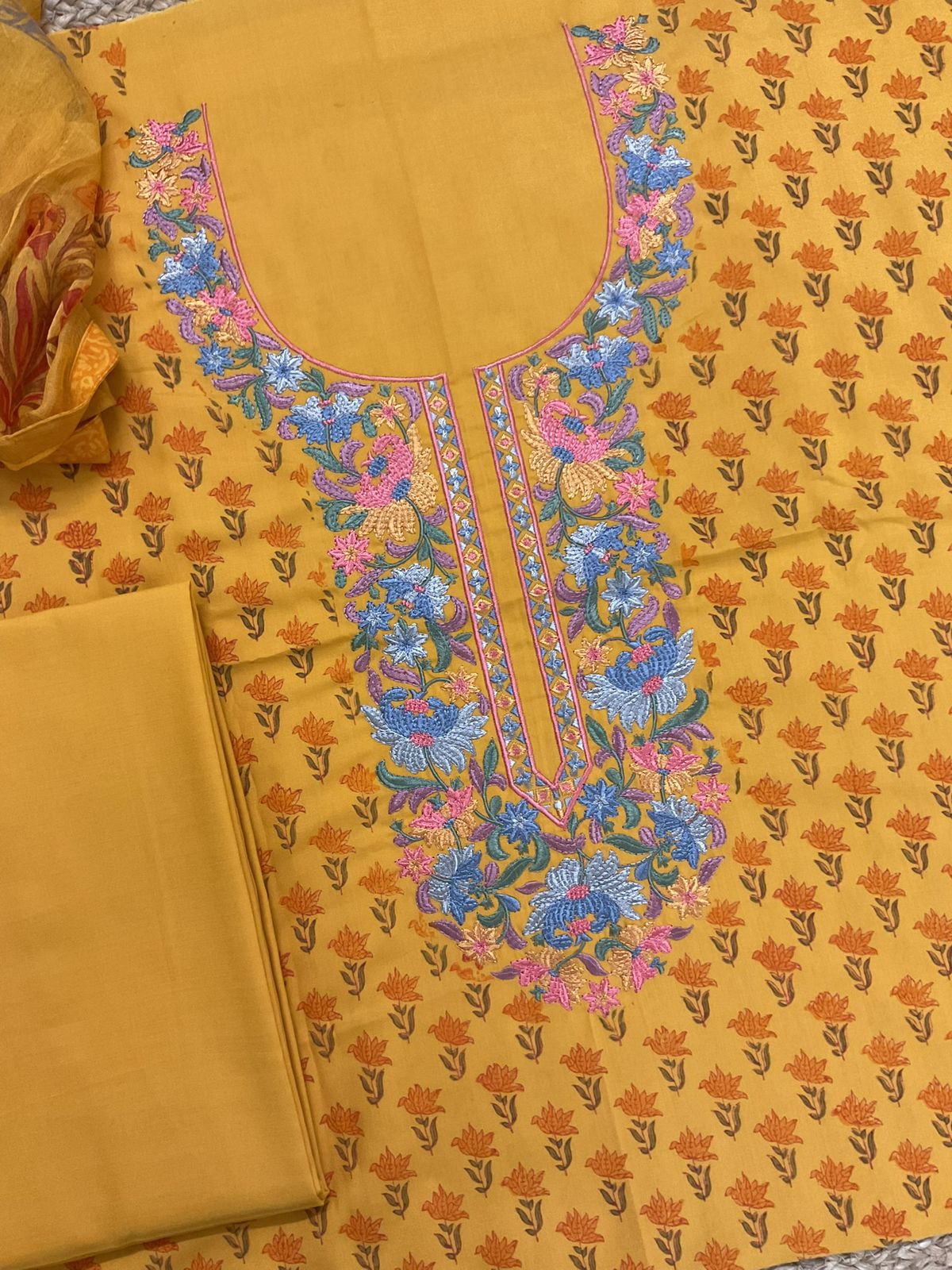 Soft Lizzie Bizzie Cotton Block Printed Embroidered Suit - Yellow