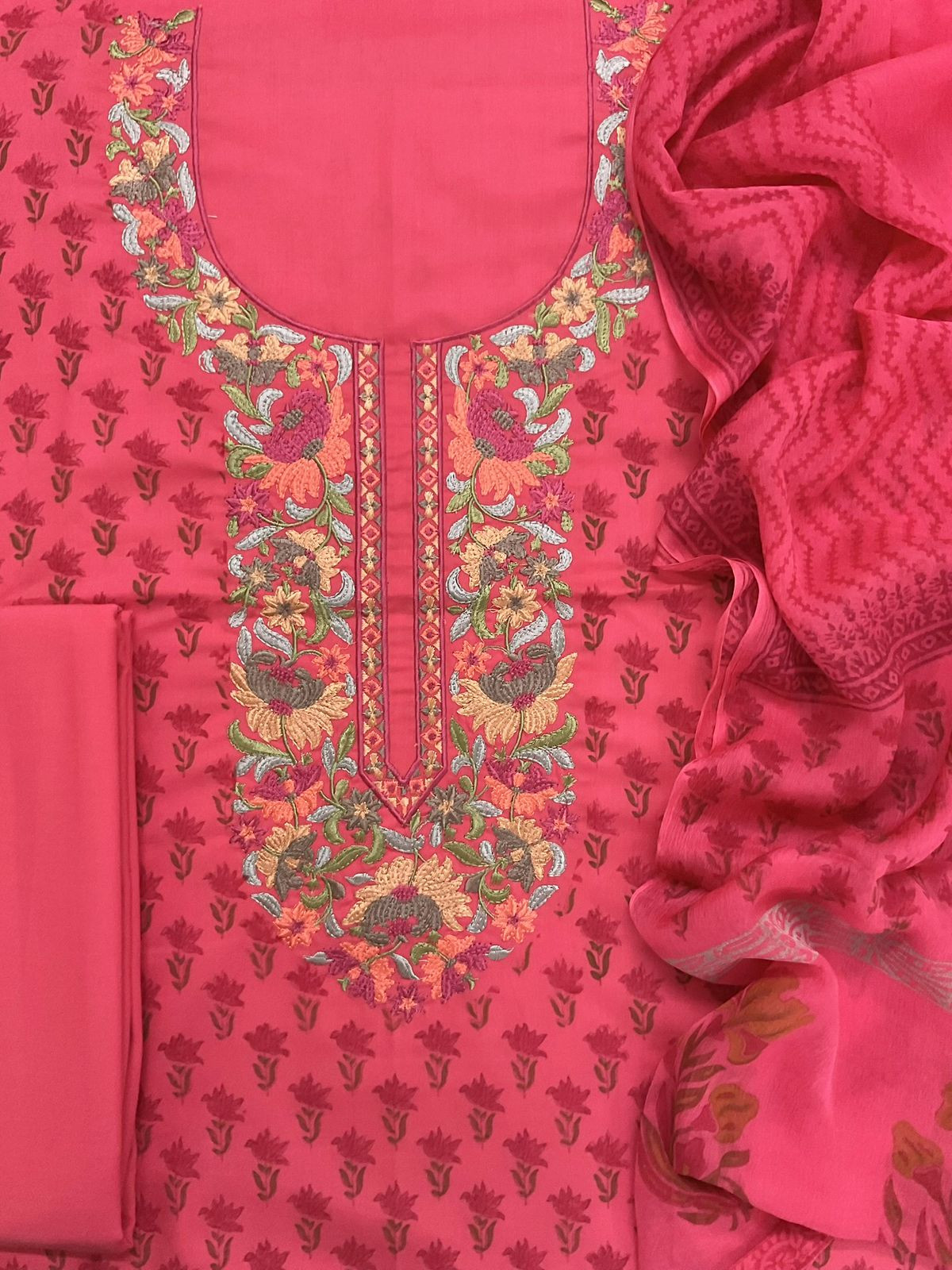 Soft Lizzie Bizzie Cotton Block Printed Embroidered Suit - Peach