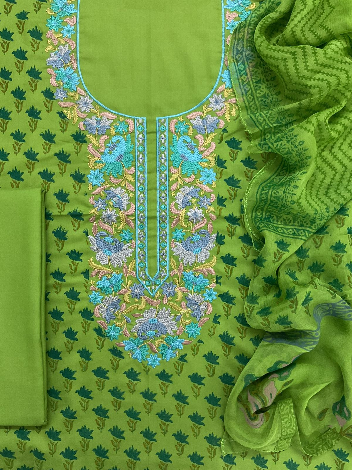 Soft Lizzie Bizzie Cotton Block Printed Embroidered Suit - Green