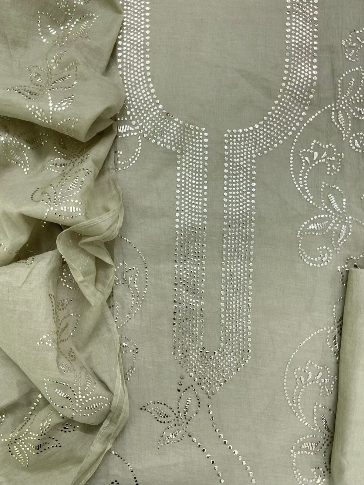 Pure Chanderi Embroidered Suit - Greenish Beige