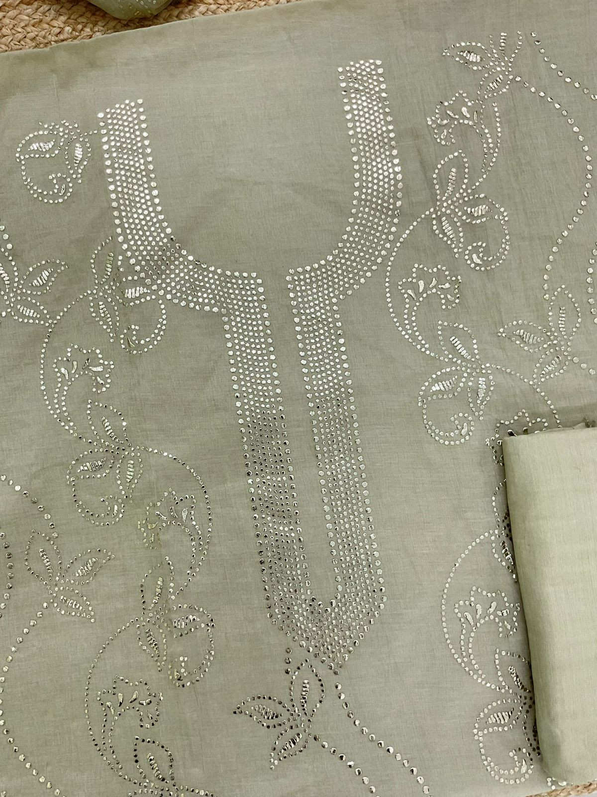 Pure Chanderi Embroidered Suit - Greenish Beige