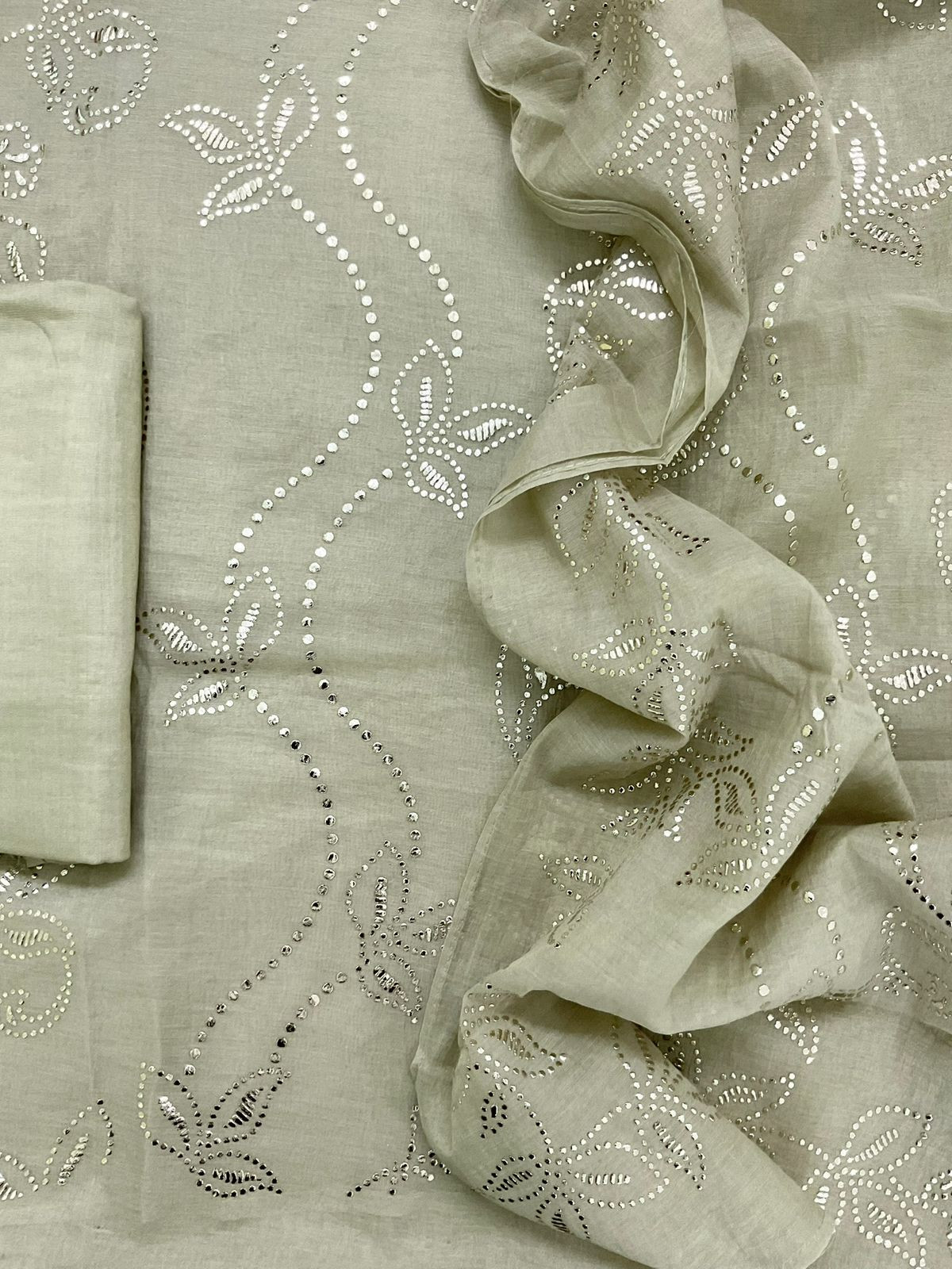Pure Chanderi Embroidered Suit - Greenish Beige