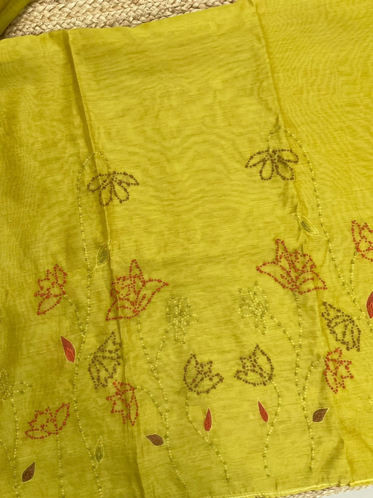 Soft Kora Chanderi Printed Embroidered Suit - Greenish Yellow