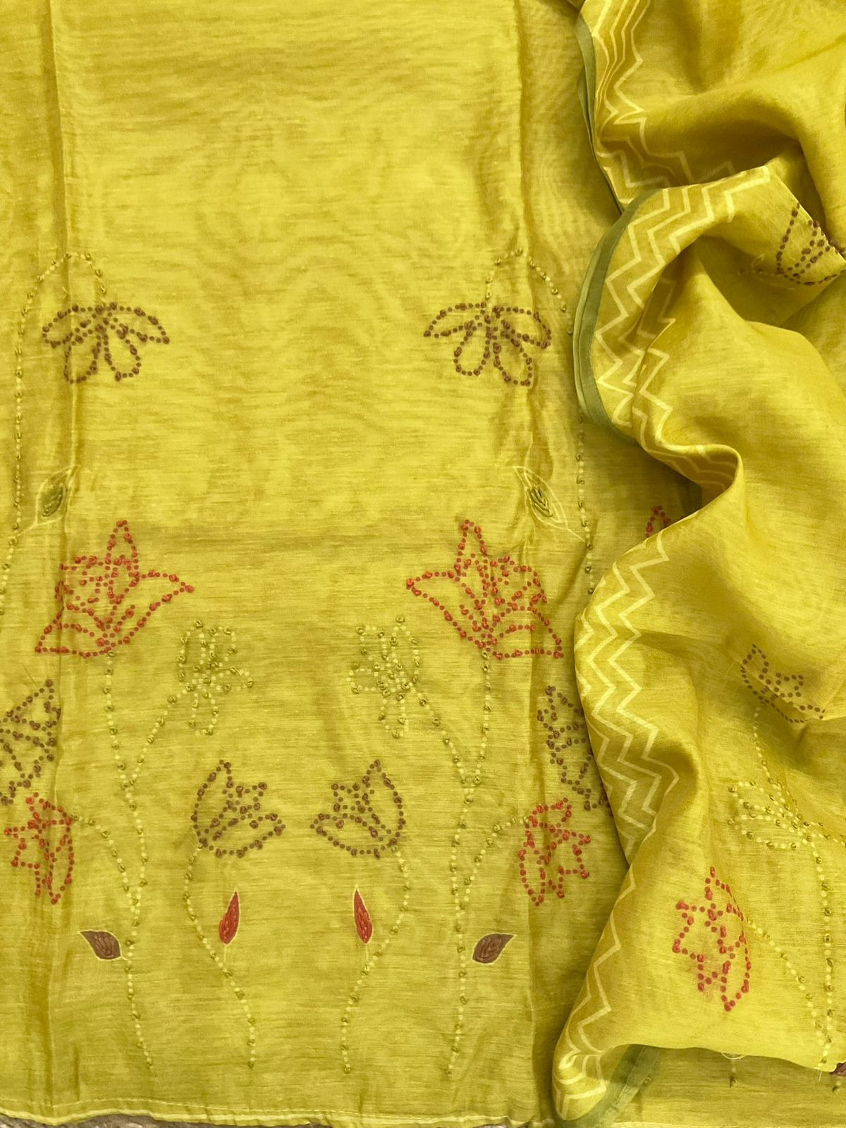 Soft Kora Chanderi Printed Embroidered Suit - Greenish Yellow