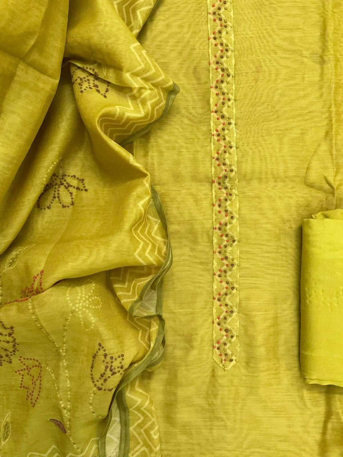 Soft Kora Chanderi Printed Embroidered Suit - Greenish Yellow