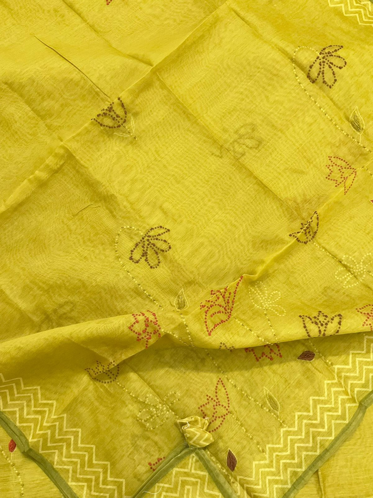 Soft Kora Chanderi Printed Embroidered Suit - Greenish Yellow