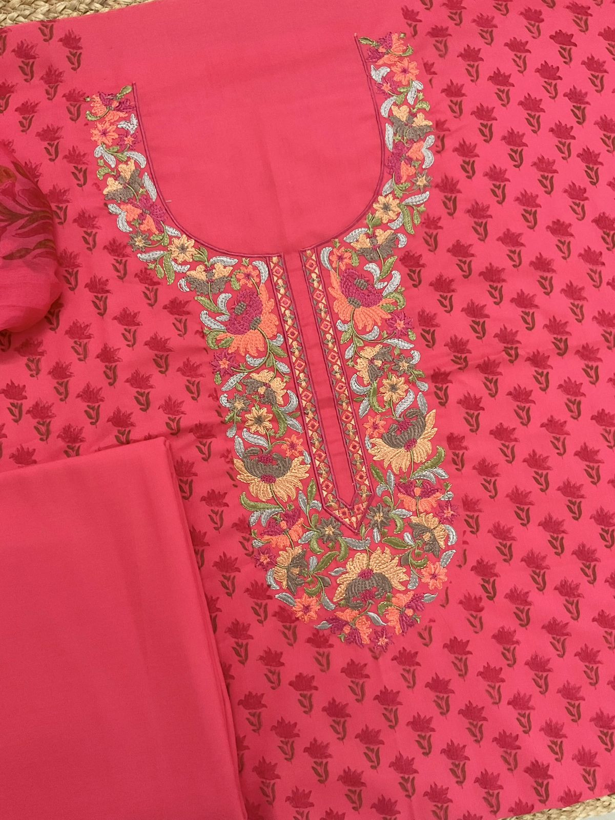 Soft Lizzie Bizzie Cotton Block Printed Embroidered Suit - Peach