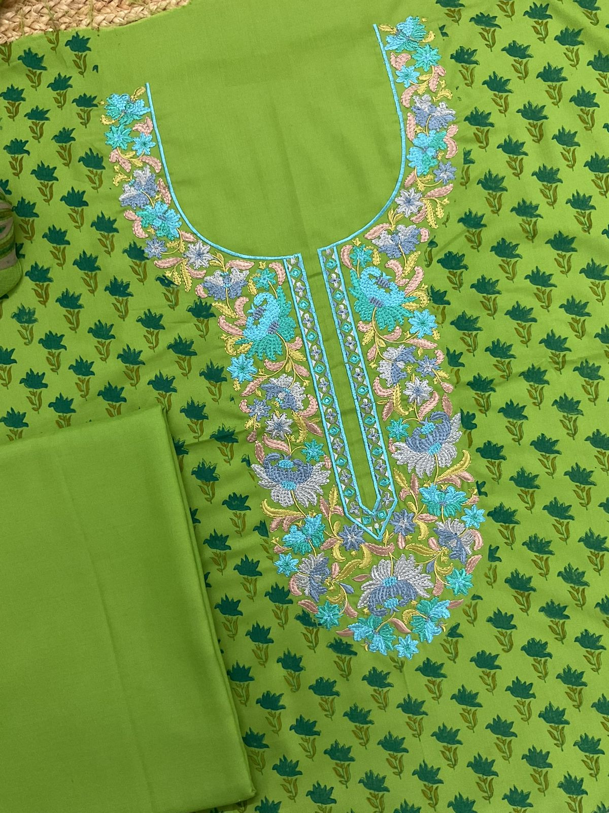 Soft Lizzie Bizzie Cotton Block Printed Embroidered Suit - Green