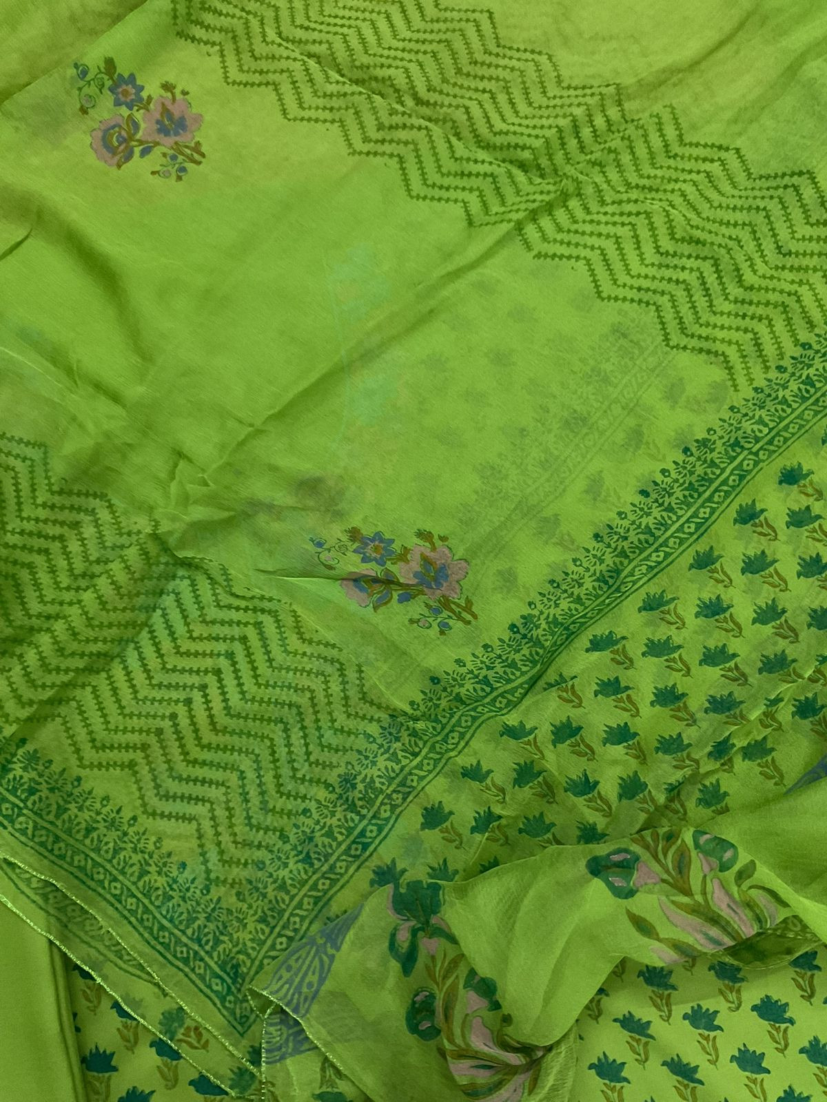 Soft Lizzie Bizzie Cotton Block Printed Embroidered Suit - Green