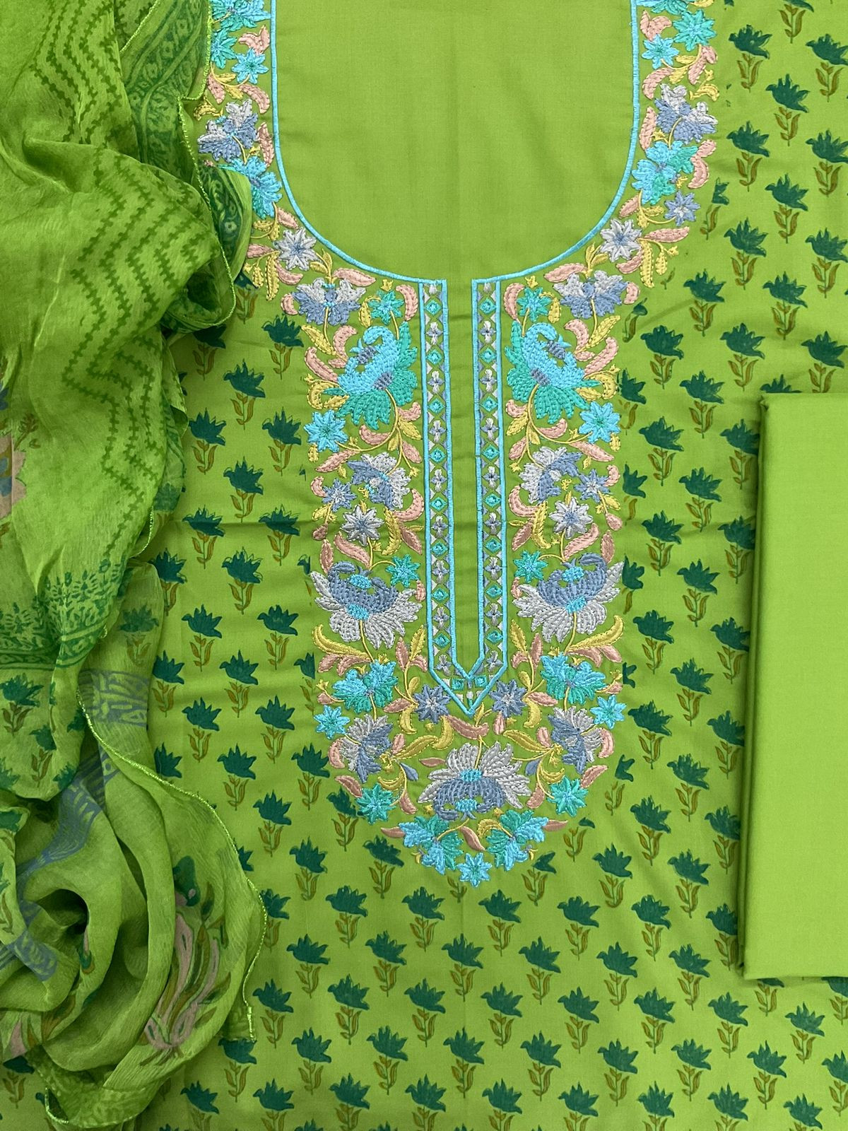 Soft Lizzie Bizzie Cotton Block Printed Embroidered Suit - Green